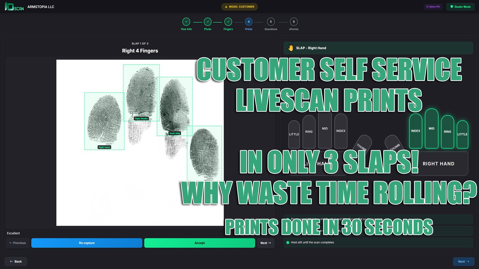 10Scan livescan capture screen, three-slap fingerprint workflow