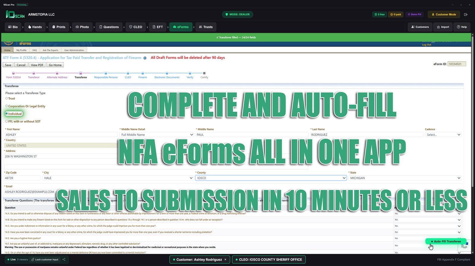10Scan NFA eForms auto-fill screen