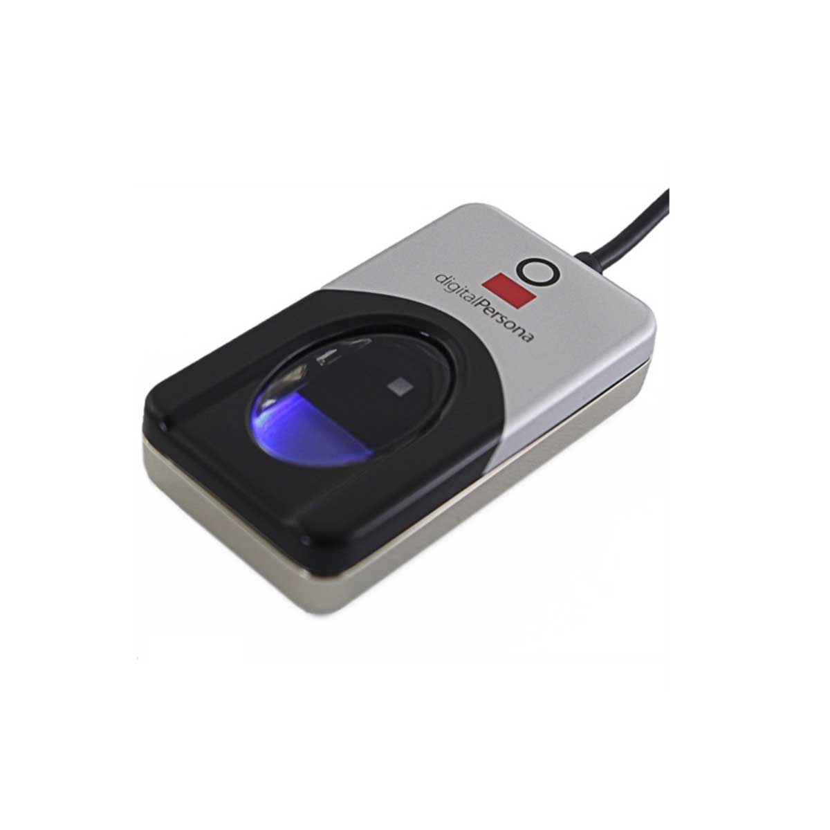 DigitalPersona U.are.U 4500 USB fingerprint reader, angled view with illuminated sensor window