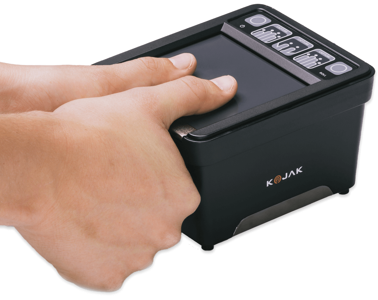 Integrated Biometrics Kojak fingerprint scanner held in two hands, showing platen and capture controls