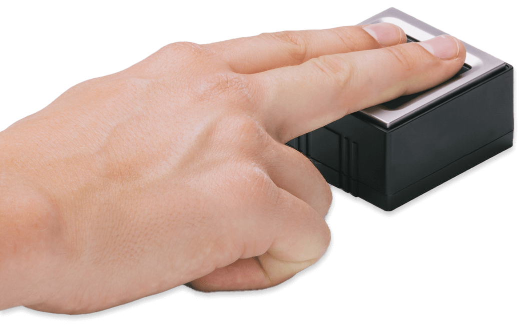 Integrated Biometrics Watson Mini fingerprint scanner in use, two fingers placed on the sensor