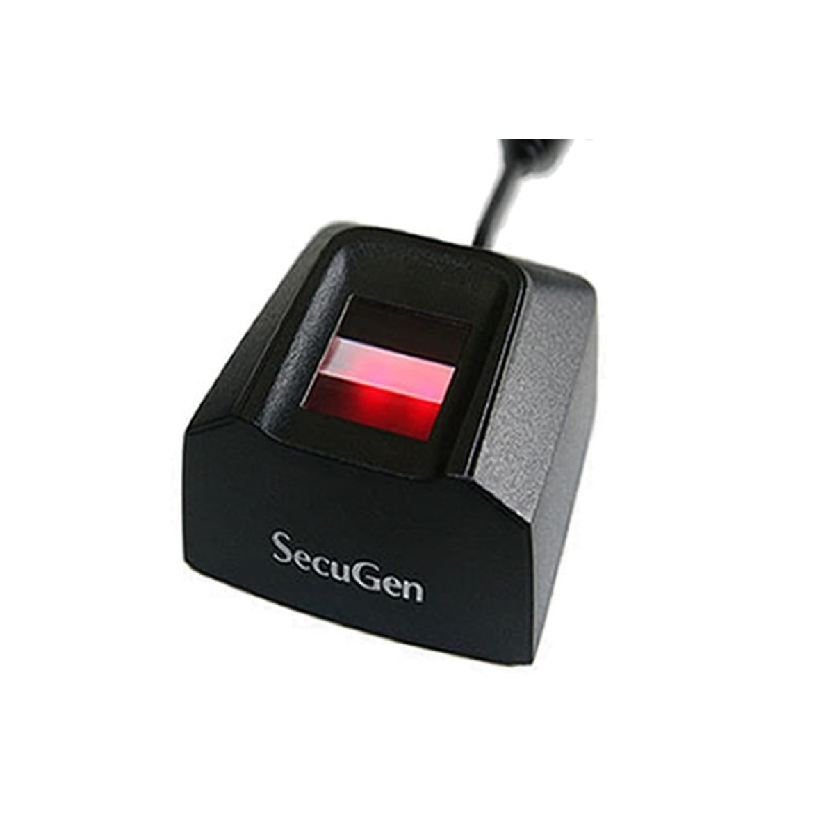 SecuGen Hamster Pro 20 USB fingerprint reader, front view with illuminated sensor