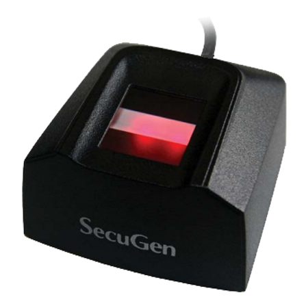 SecuGen Hamster Pro 20 USB fingerprint reader, three-quarter view with illuminated sensor