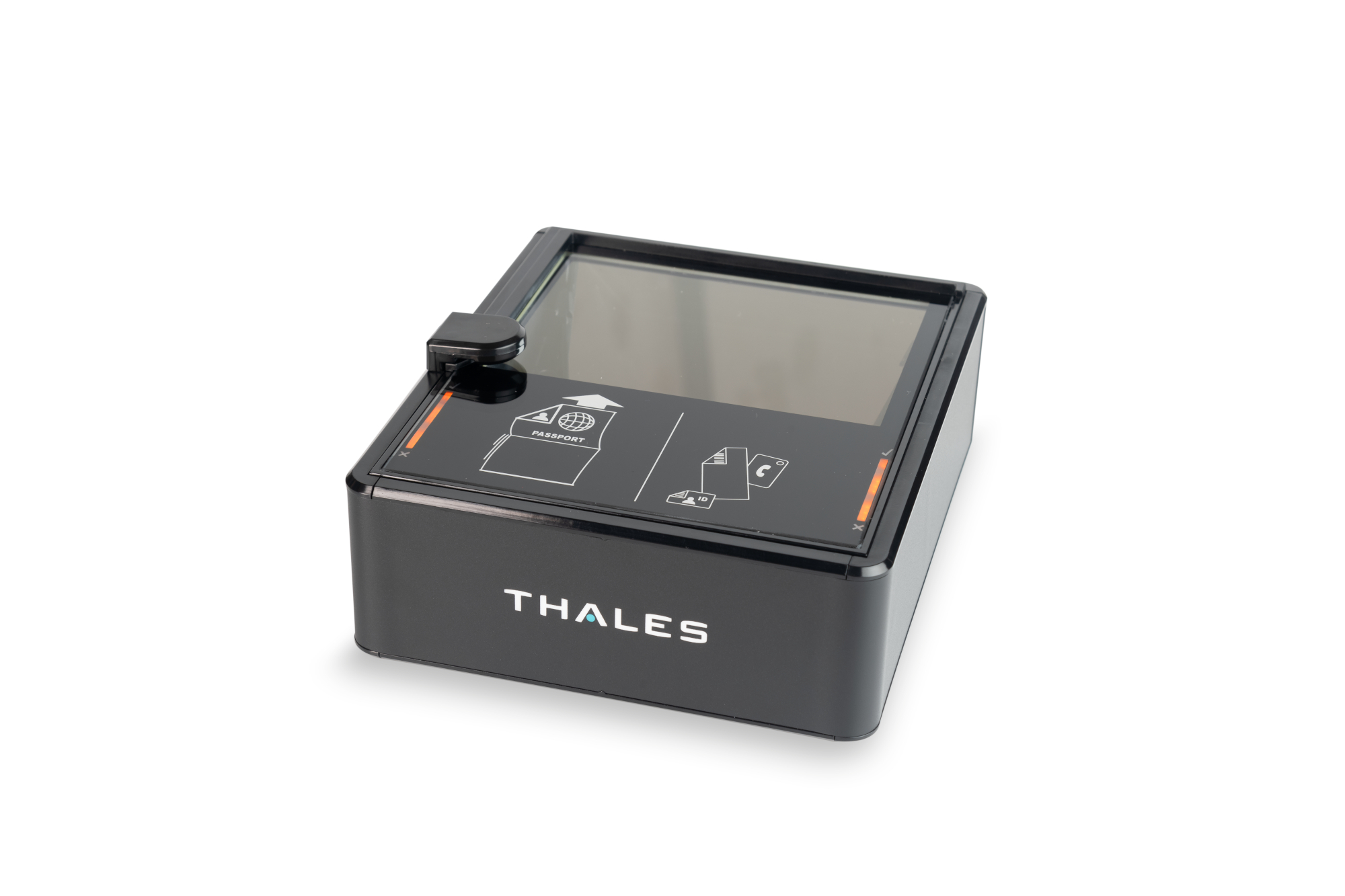 Thales AT10K-m full-page reader with hood removed, showing scanning glass and landing lights