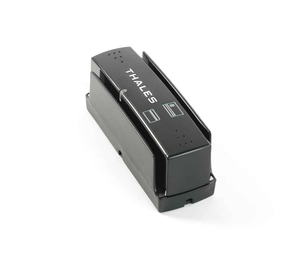 Thales CR100M swipe reader, rear angled view showing swipe channel