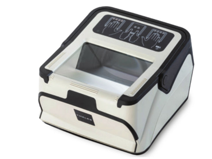 Thales Multifinger Scanner CS500f tenprint scanner, three-quarter view on white background