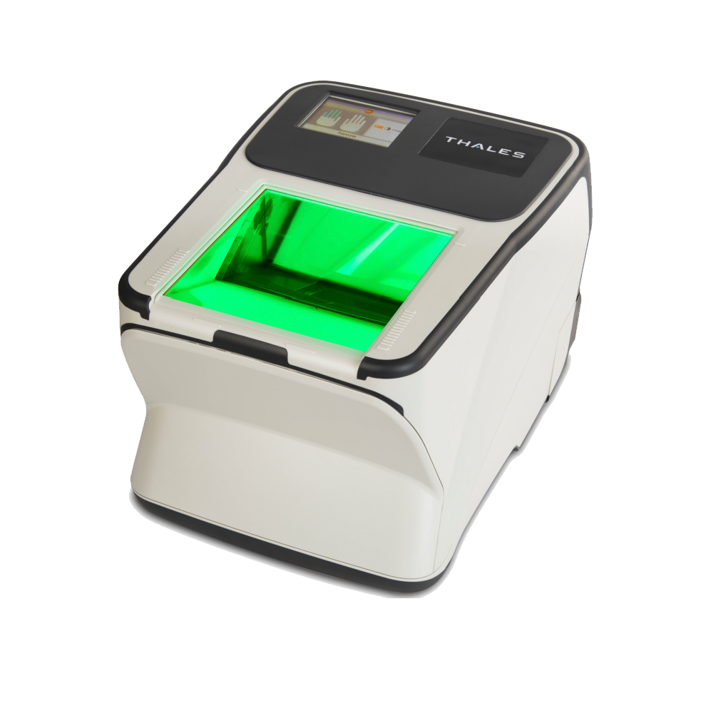 Thales Palm Scanner CS500q palm and tenprint scanner, three-quarter view on transparent background