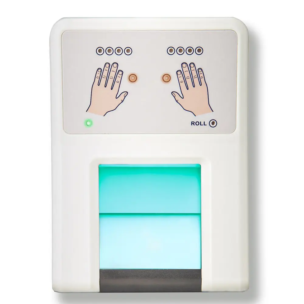 Thales DactyScan40p fingerprint scanner, top view showing LED guidance panel and illuminated platen