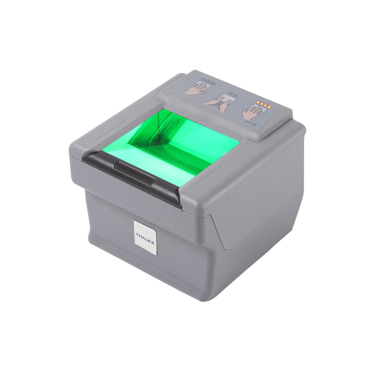 Thales DactyScan84c ten-print fingerprint scanner with illuminated green platen, three-quarter view