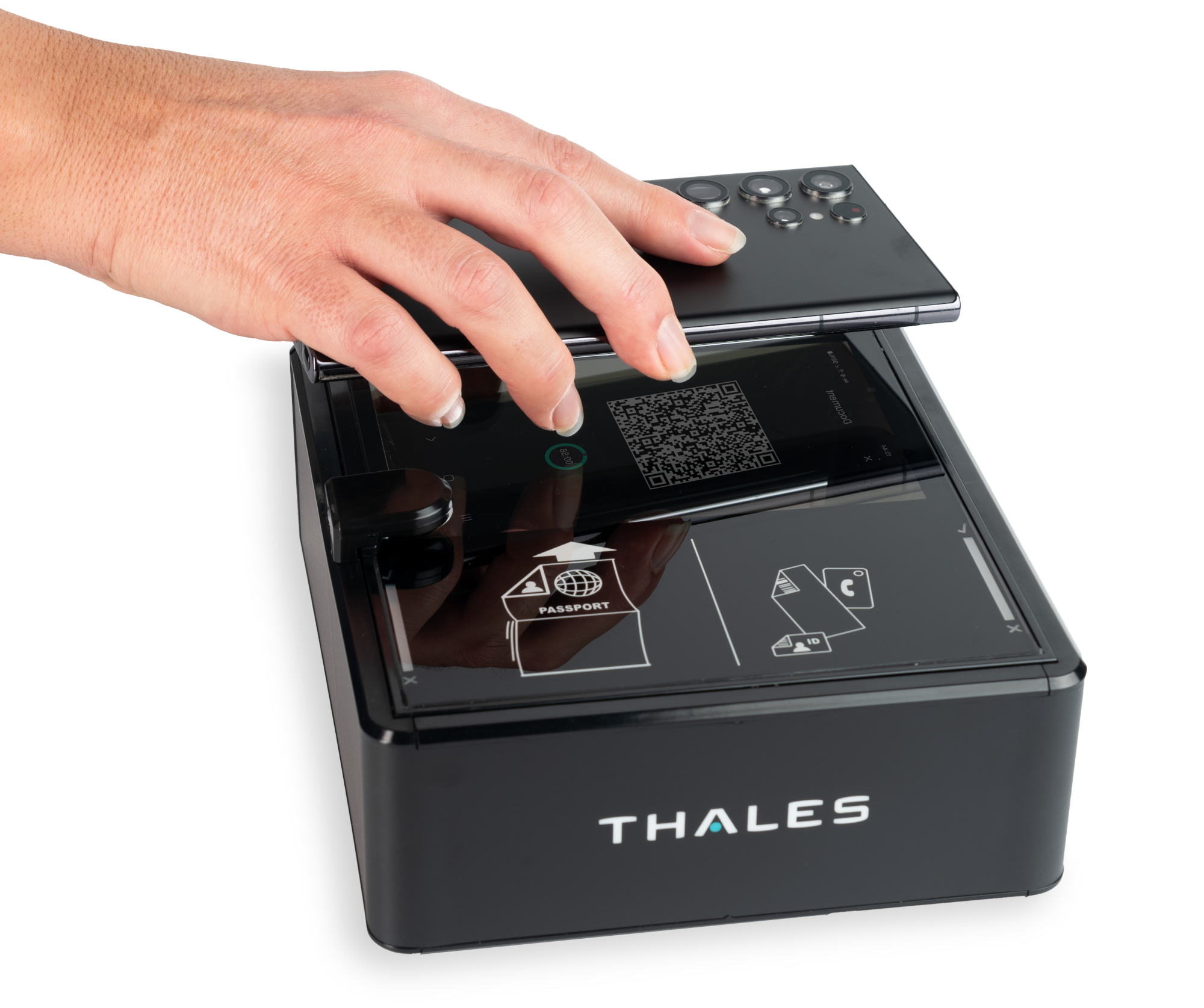 Smartphone with mDoc QR code being tapped on a Thales document reader for mobile ID verification