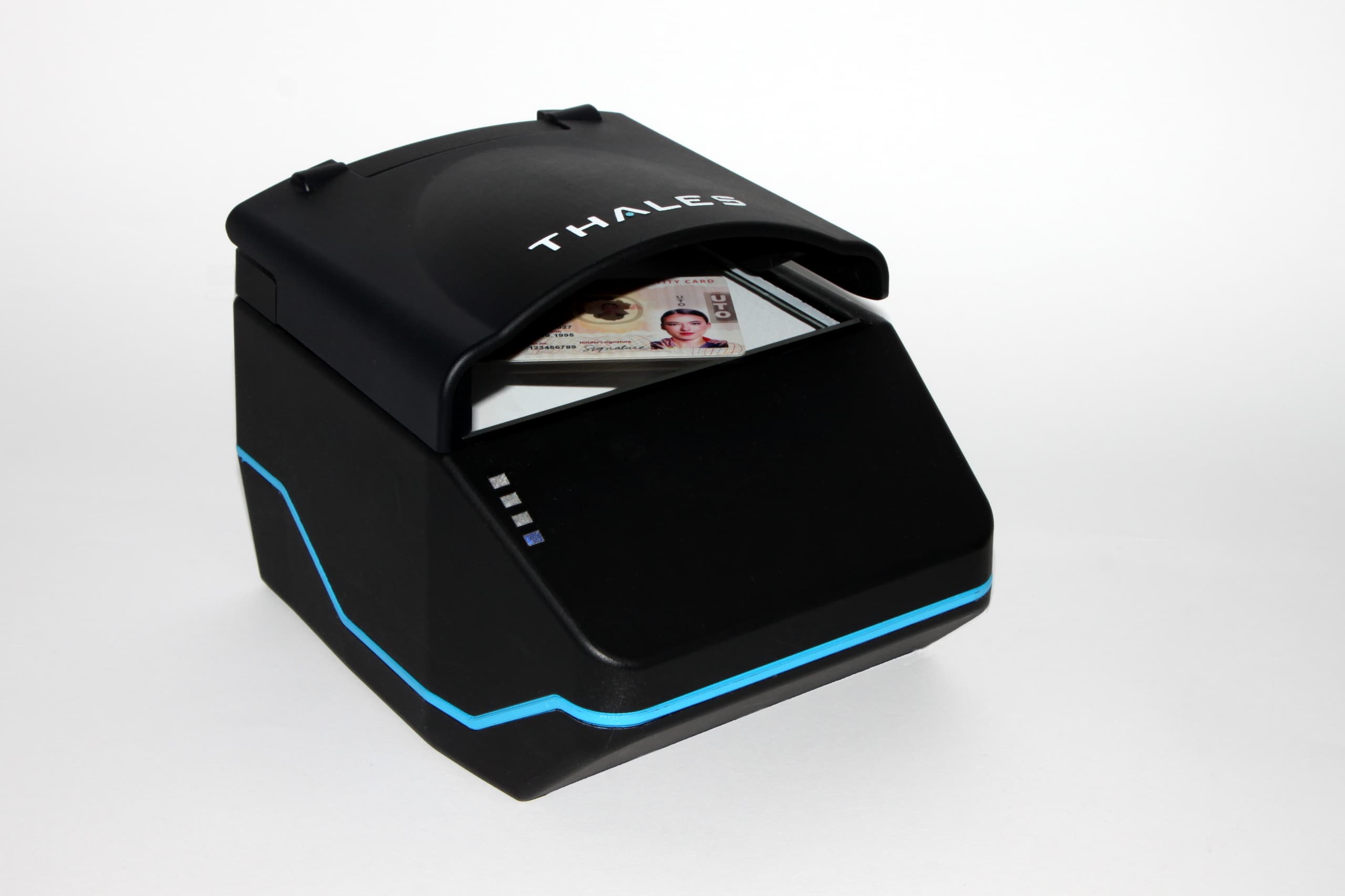 Thales QS2000 document reader scanning an identity card under its hood