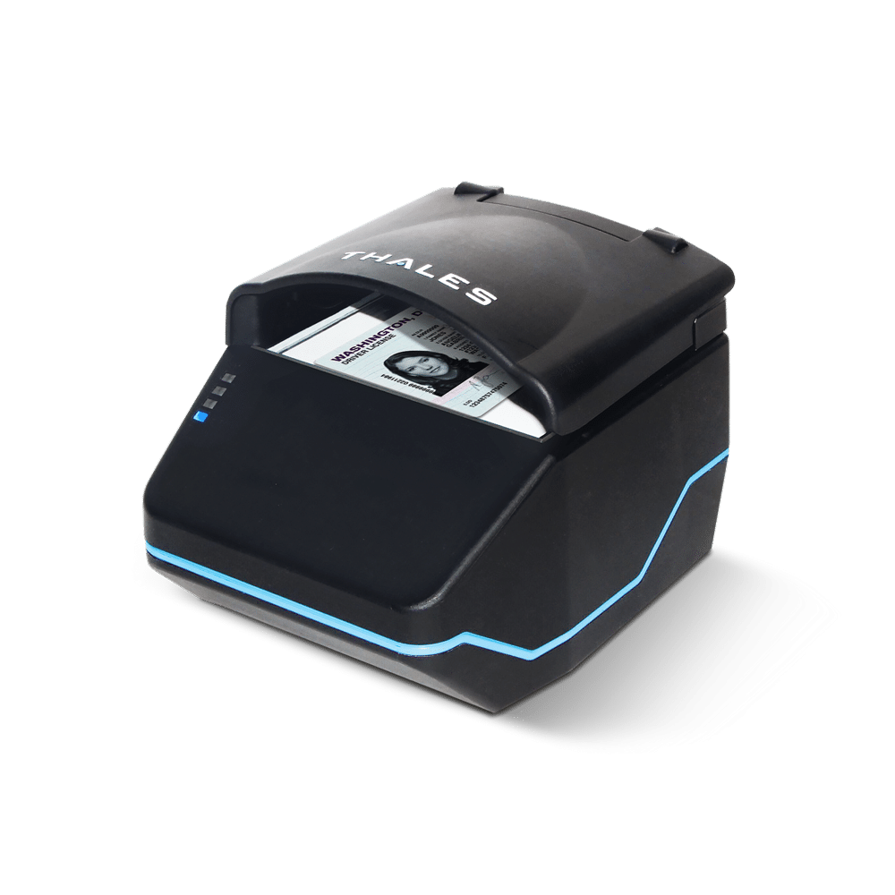 Thales QS2000 full-page reader with a driver license inserted, white background