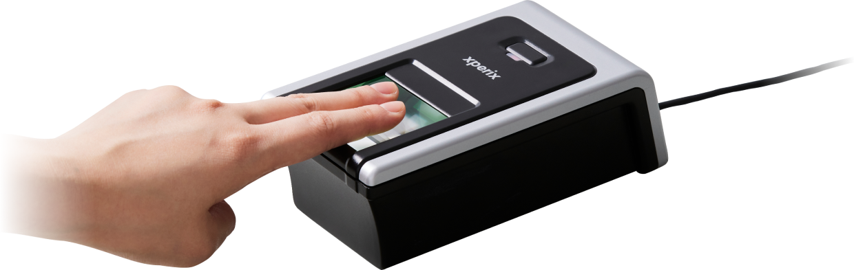 Xperix RealScan-D fingerprint scanner in use, two fingers placed on the platen