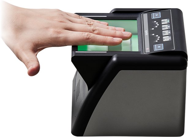 Xperix RealScan-G10 fingerprint scanner in use, hand placed on the illuminated platen